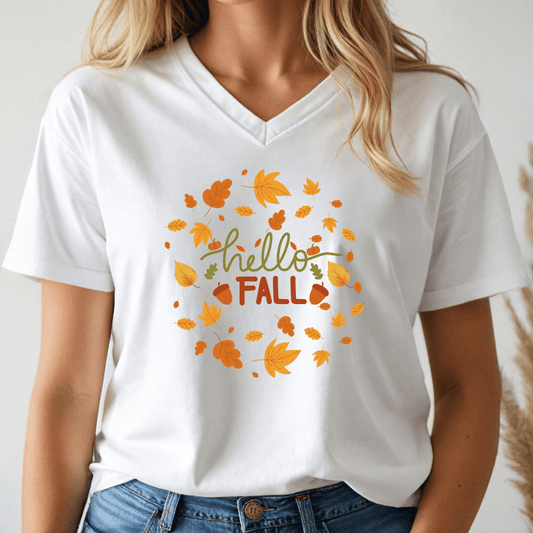 Hello Fall Autumn V - neck Tee - Wandering Owl Adventure Gear