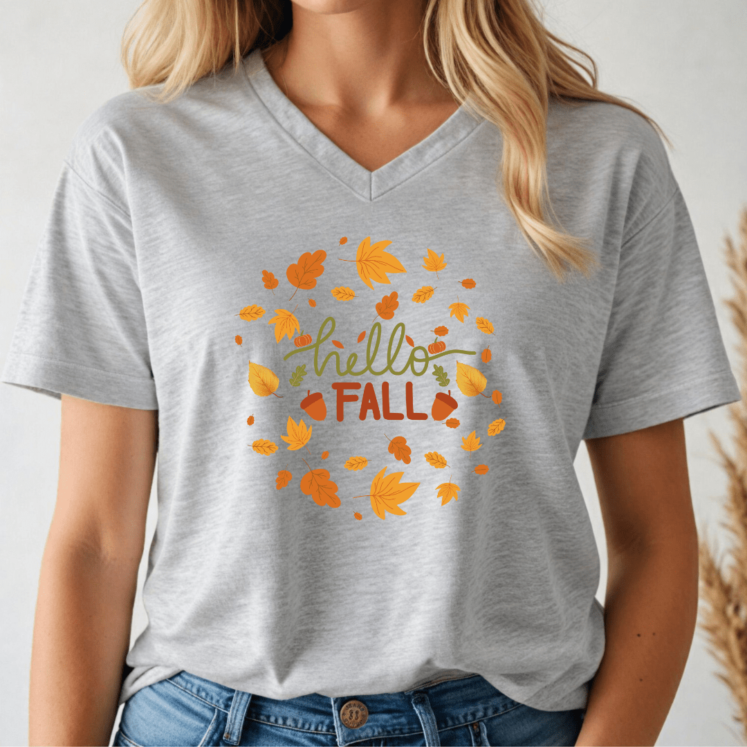 Hello Fall Autumn V - neck Tee - Wandering Owl Adventure Gear