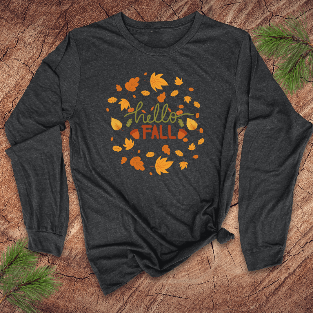 Dark gray long sleeve tshirt with 'hello FALL' and leaf design on a wooden surface