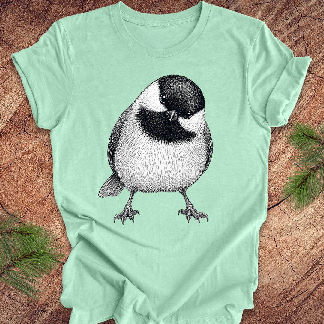 Mint green t-shirt with a chickadee design on a wooden surface