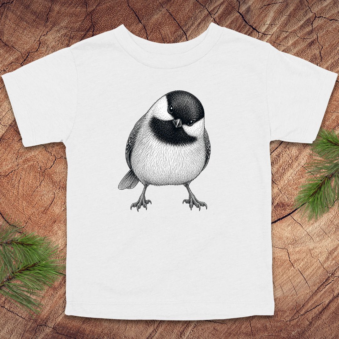 White toddler t-shirt with a chickadee design on a wooden surface