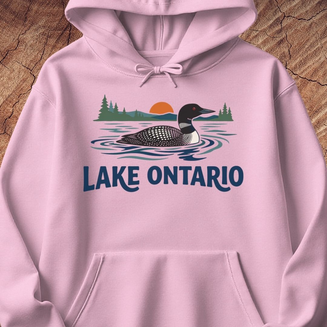 A light pink pullover hoodie featuring a graphic of a loon in Lake Ontario with pine trees and a sunset, displayed flat against a rustic wood background.