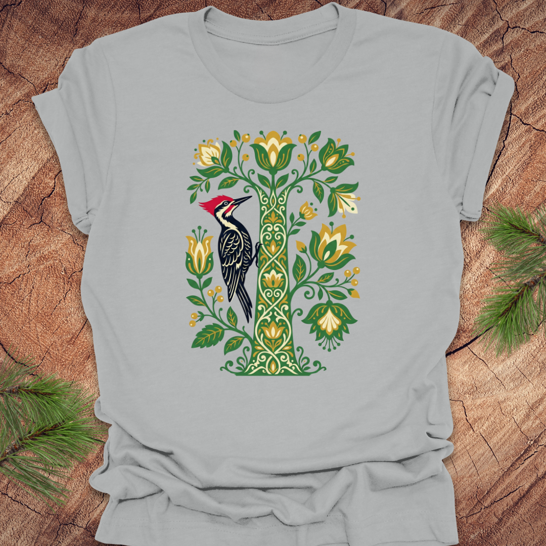 Gray t-shirt with a woodpecker and floral design on a wooden surface