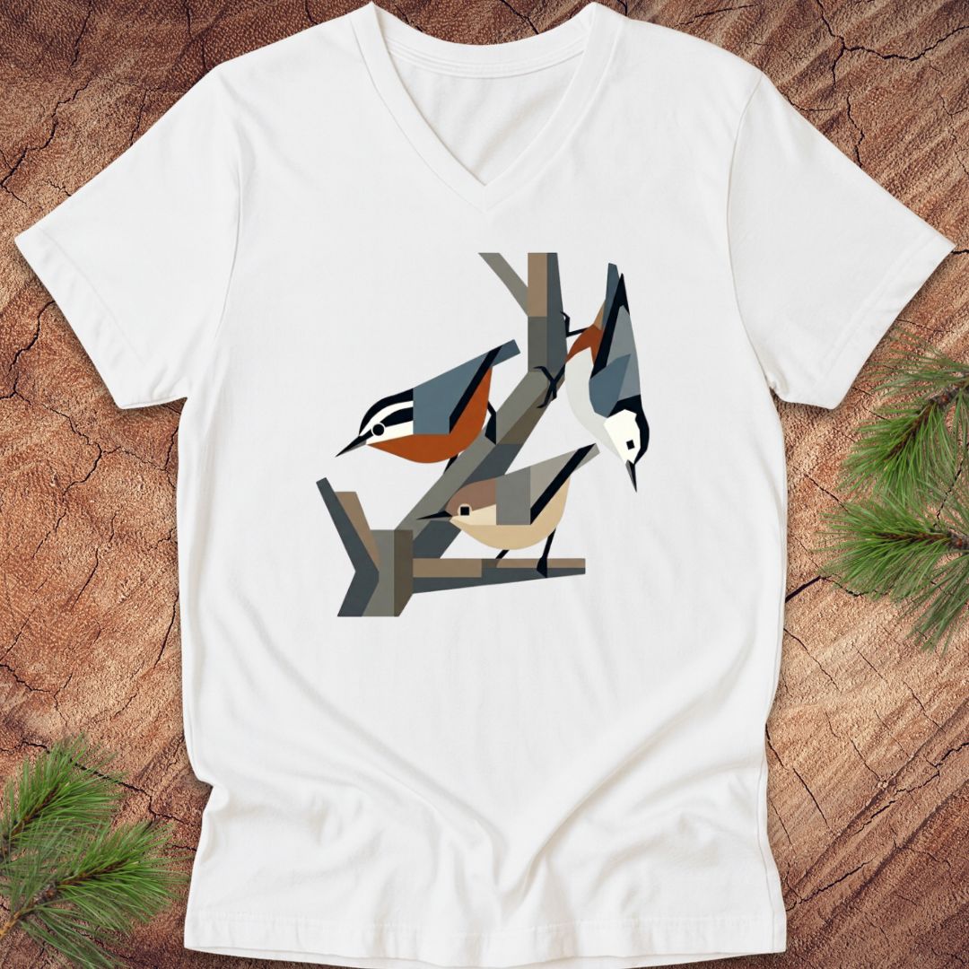 White v-neck t-shirt with nuthatch bird design on a wooden surface