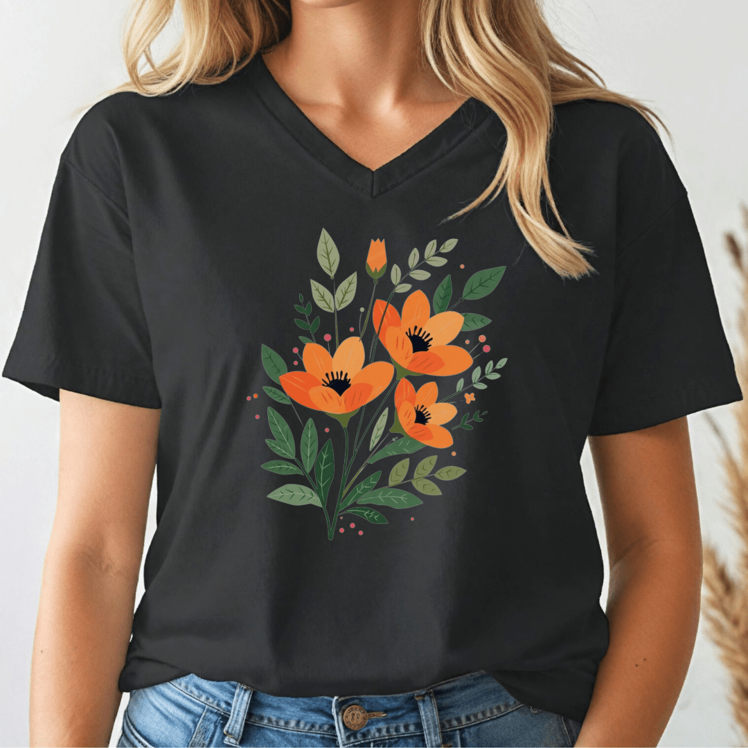 Person wearing a black t-shirt with orange floral design