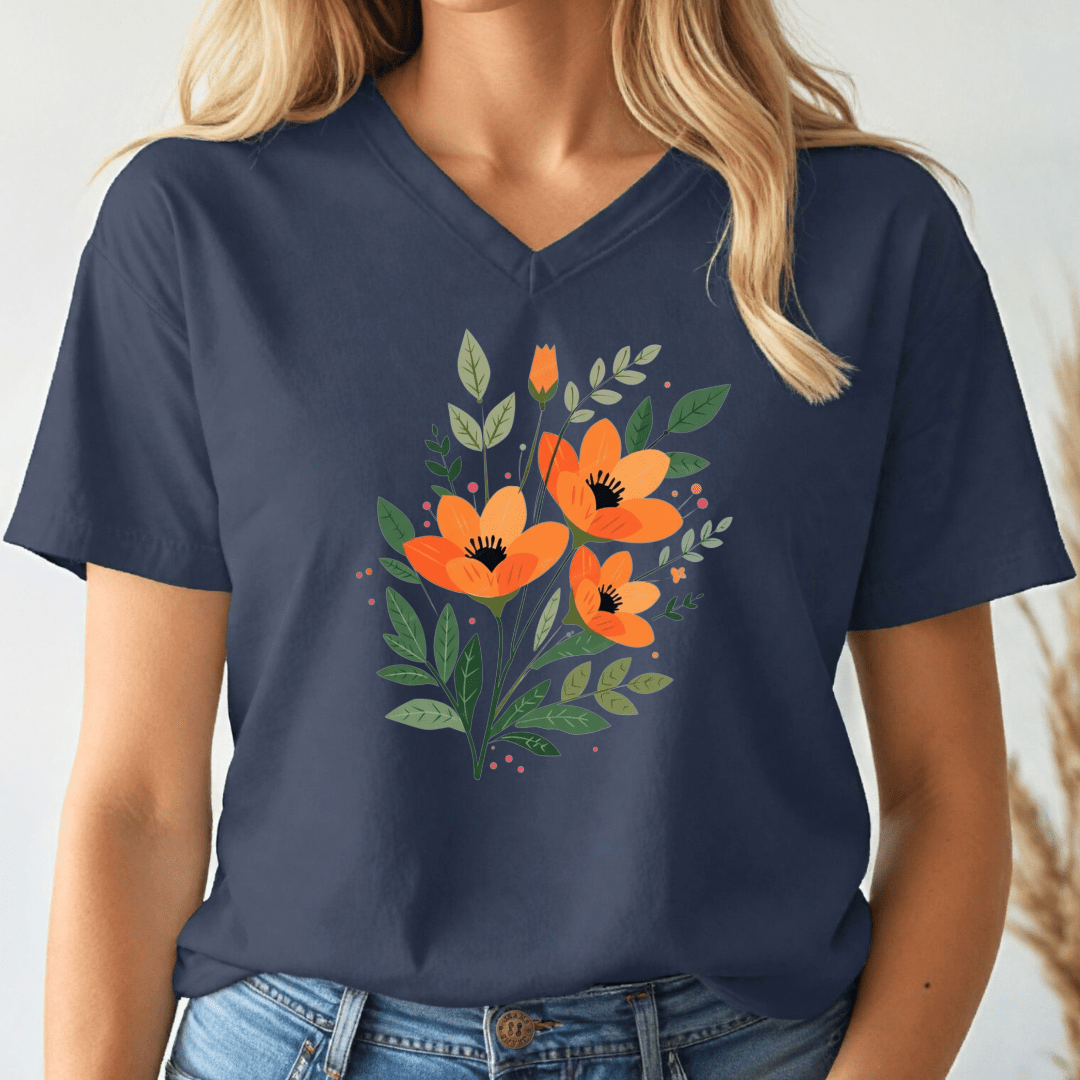 Navy blue t-shirt with orange floral design worn by a person
