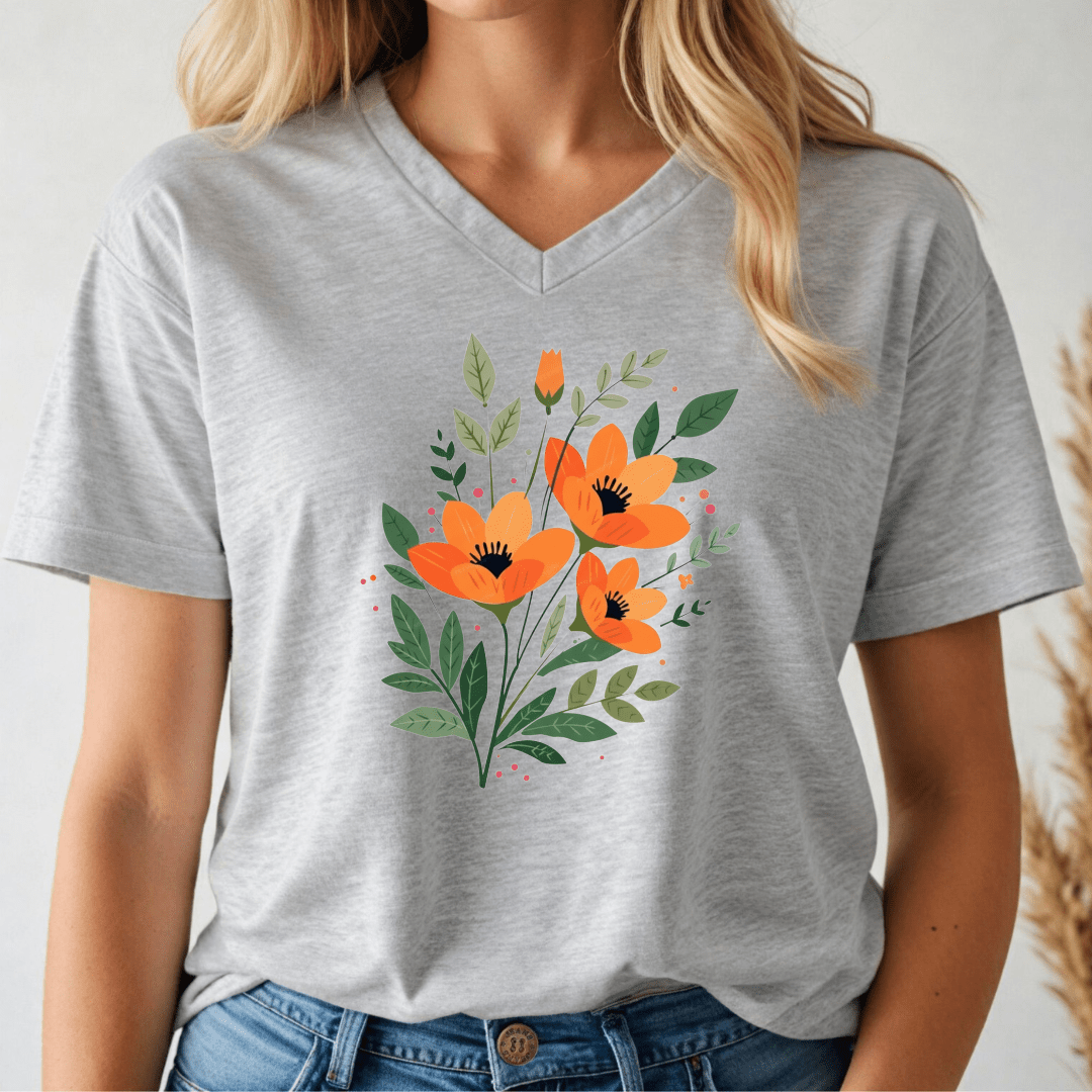 Gray t-shirt with orange floral design worn by a person
