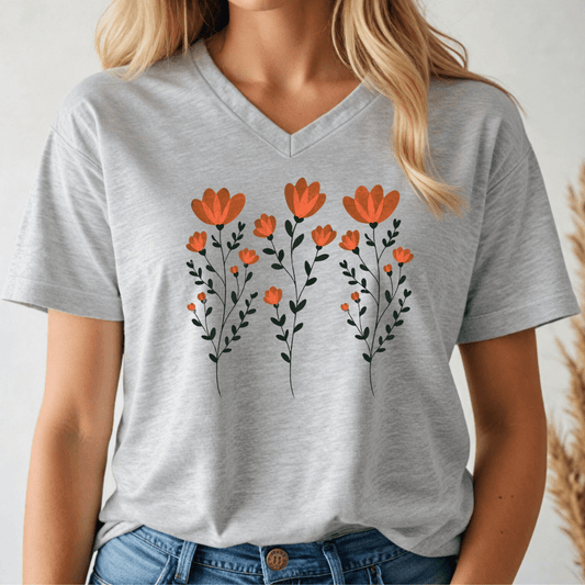 Orange Flowers V - neck Tee - Wandering Owl Adventure Gear