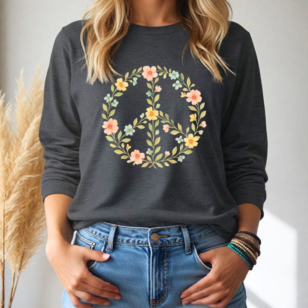 Person wearing a dark gray long sleeve tshirt with a floral peace symbol design, standing against a neutral background.