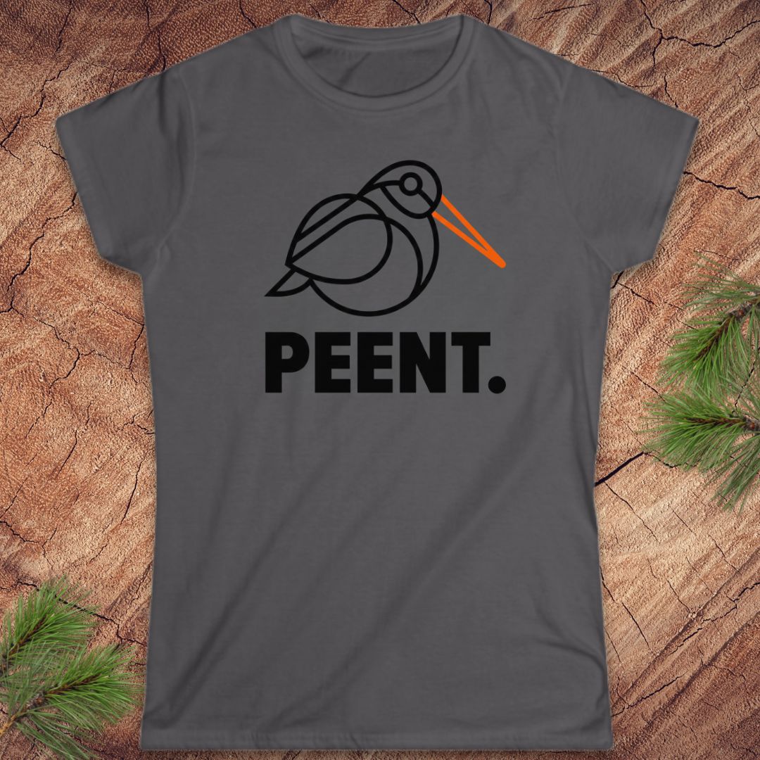 Dark gray t-shirt with a woodcock graphic design and the word 'PEENT.' on a wooden surface.