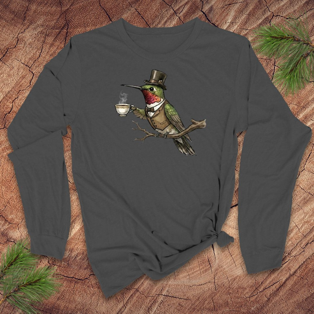 Dark gray long-sleeve shirt with a vintage hummingbird with top hat and tea design on a wooden surface.