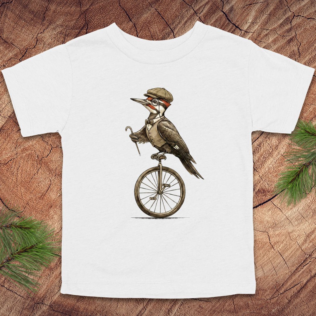 White toddler t-shirt with a woodpecker design on a wooden surface.