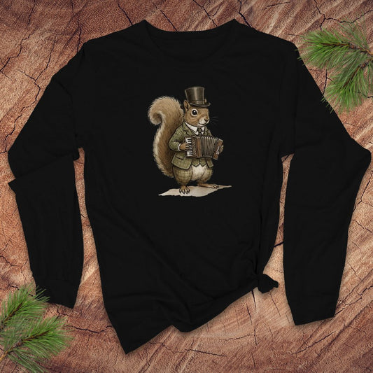 Black long-sleeve tshirt with a graphic of a squirrel playing an accordion on a textured brown background.