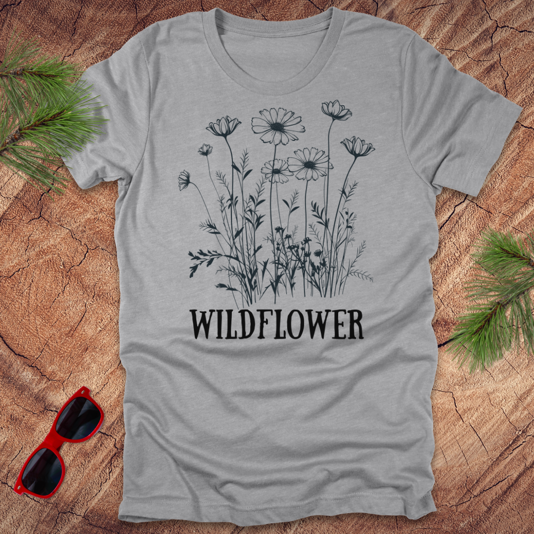 athletic heather grey t-shirt with floral design on a wooden surface with sunglasses and greenery.