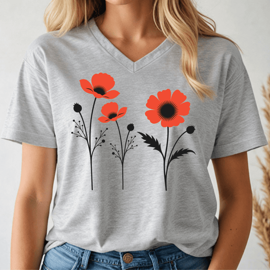 Red Poppies V - neck Tee - Wandering Owl Adventure Gear