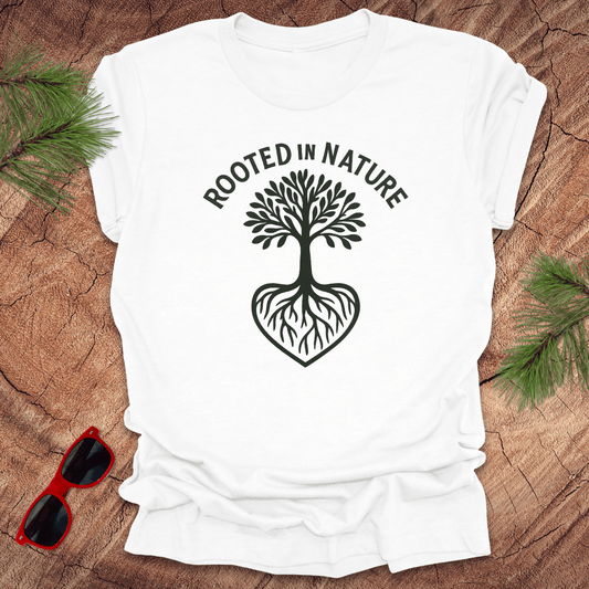 white crew neck t-shirt with a white graphic of a tree with roots and the phrase 'ROOTED IN NATURE' printed above it, displayed on a wooden surface with pine needles and red sunglasses to the side.
