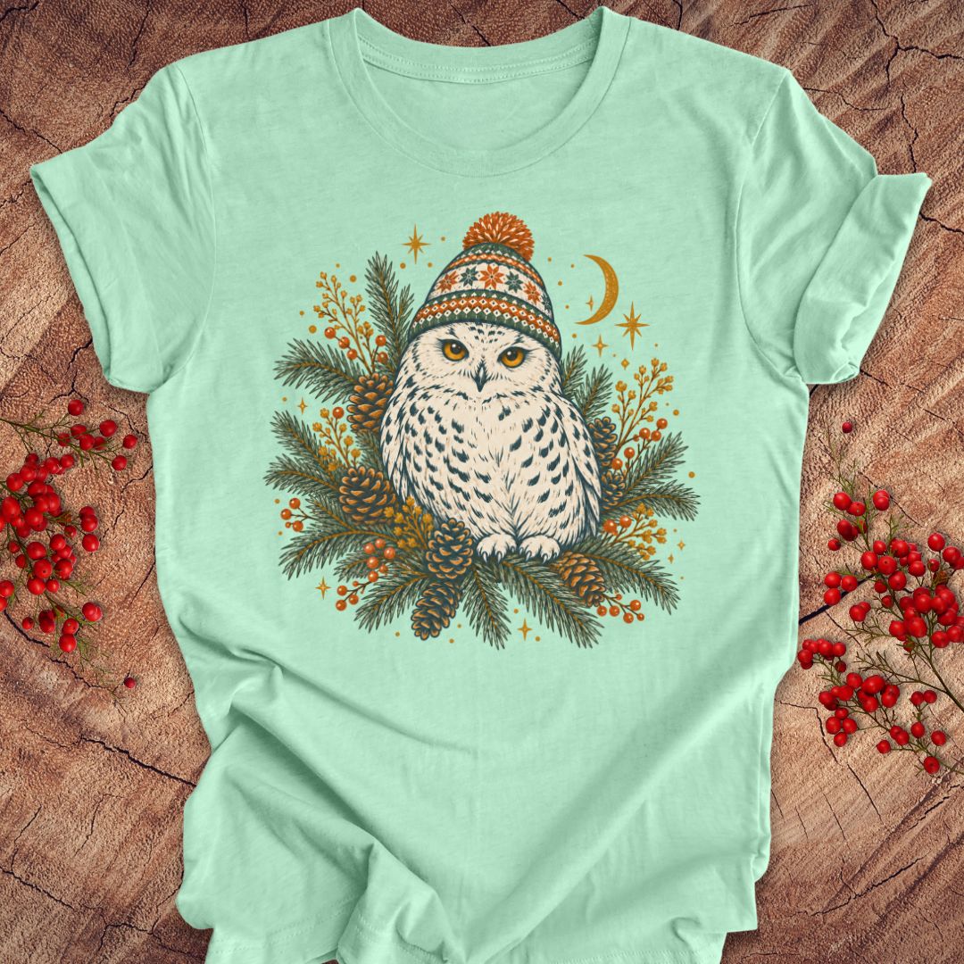 A mint green short-sleeve t-shirt with a graphic of a white owl wearing a colorful knit hat, surrounded by pine branches, pinecones, and small gold stars, laid flat on a rustic wood background with red berries.