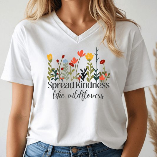 White t-shirt with floral design and 'Spread Kindness like wildflowers' text worn by a person.