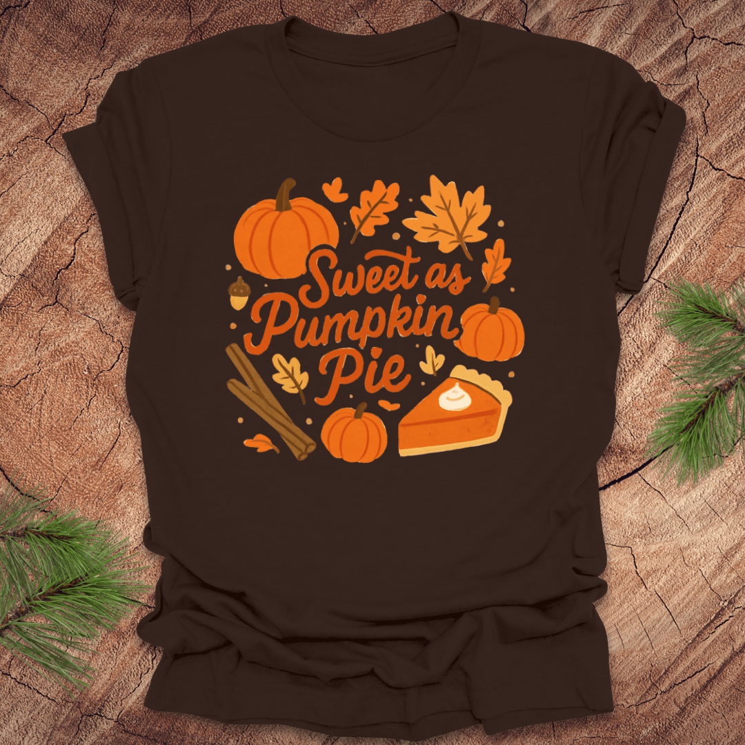 Brown t-shirt with 'Sweet as Pumpkin Pie' design on a wooden surface with leaves.