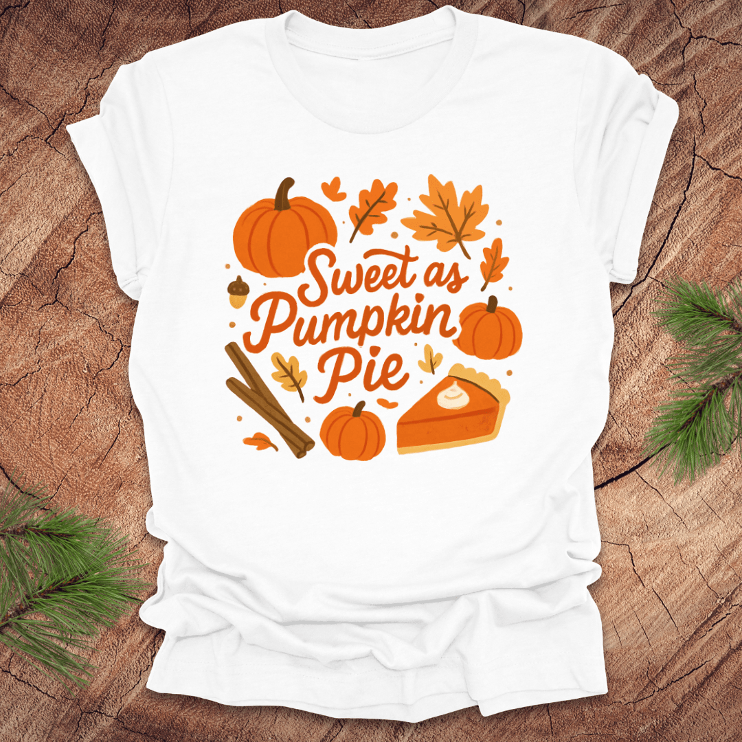 White t-shirt with 'Sweet as Pumpkin Pie' design on a wooden surface