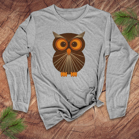 Gray long-sleeve shirt with a vintage string art owl design on a wooden surface