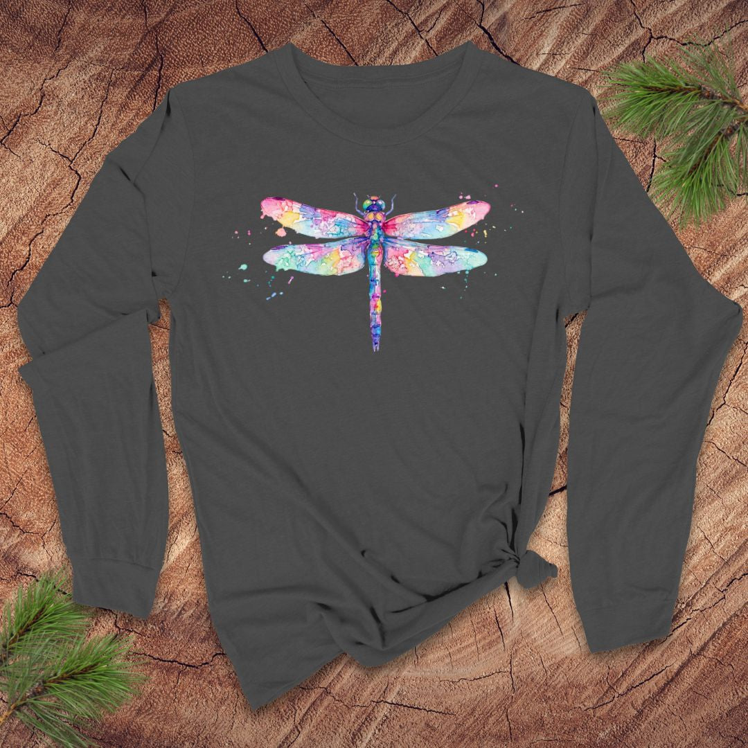 Gray long-sleeve shirt with a watercolor dragonfly design on a wooden surface.