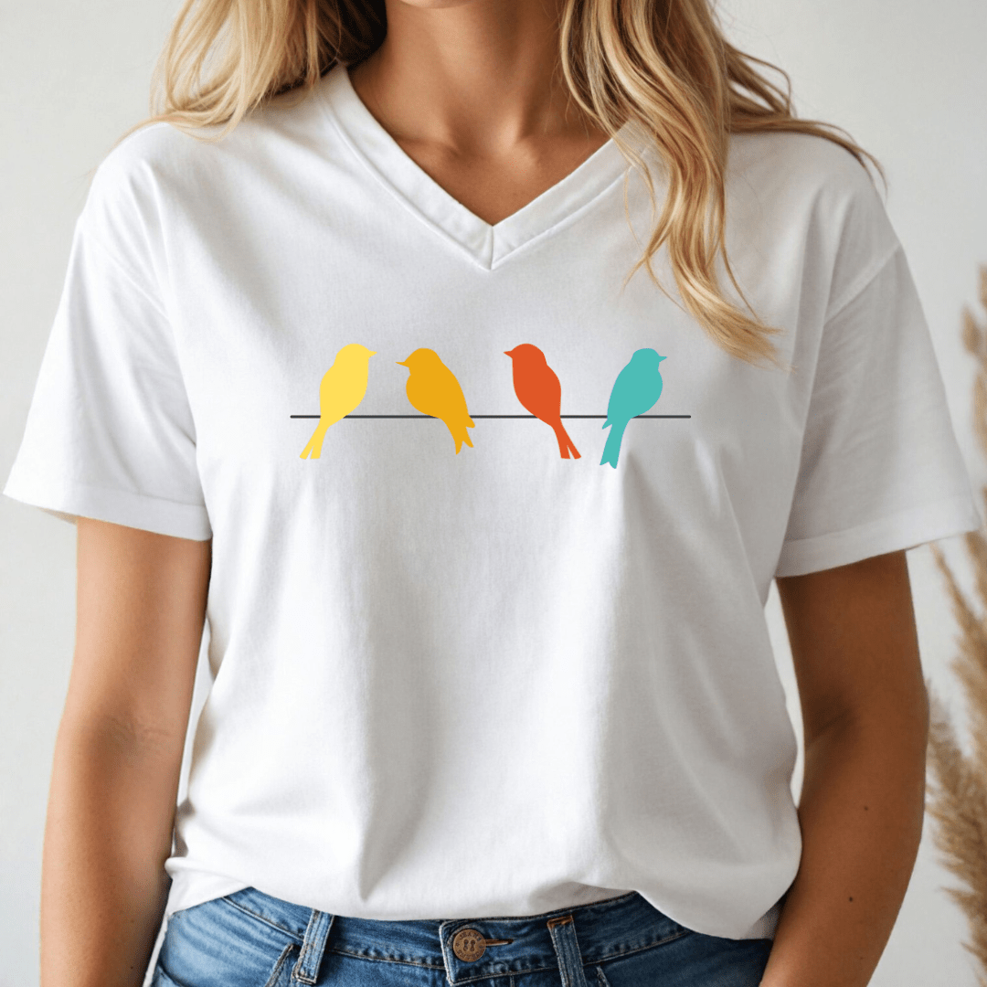 Person wearing a white v-neck t-shirt with 4 birds on a wire on a white background.
