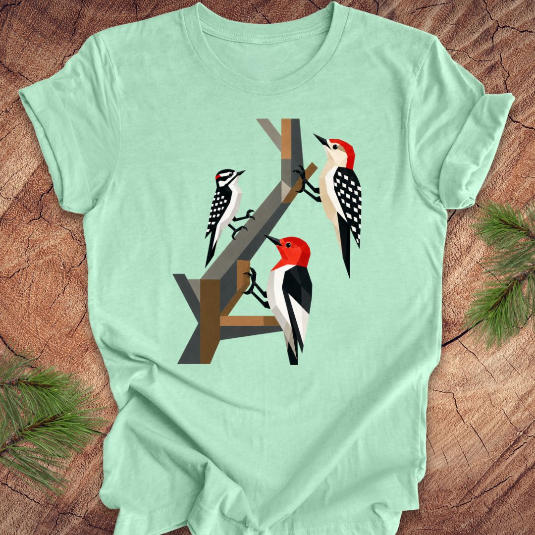 Mint green t-shirt with woodpecker design on a wooden surface