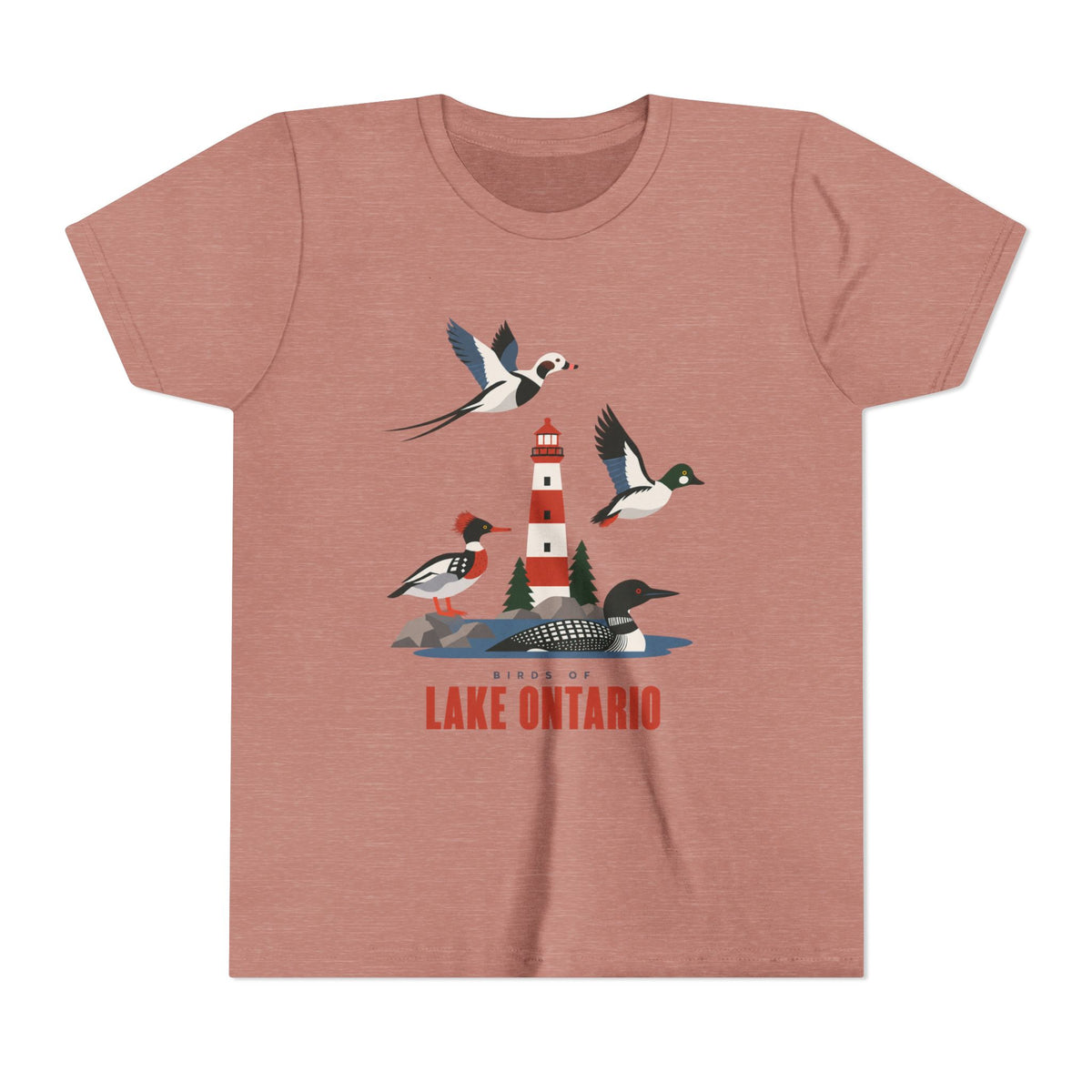 A heathered dusty rose short-sleeve t-shirt featuring a graphic print of birds, a lighthouse, and loons with the text 'ABOUT LAKE ONTARIO' on the front, displayed against a solid white background.