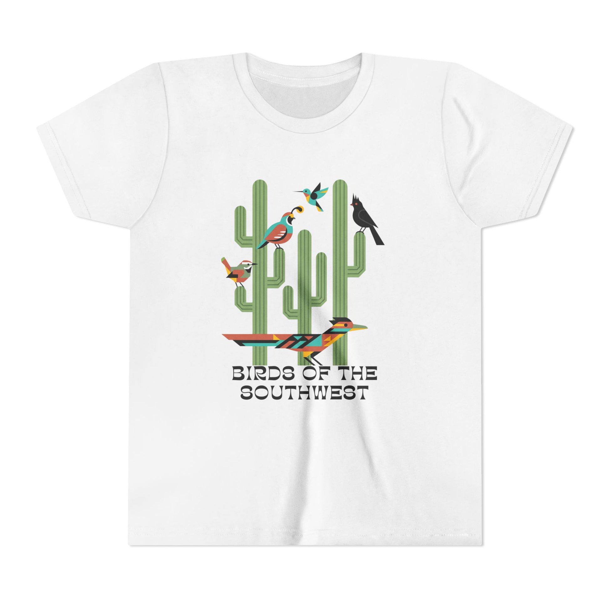White t-shirt with 'Birds of the Southwest' design featuring cacti and birds on a white background.