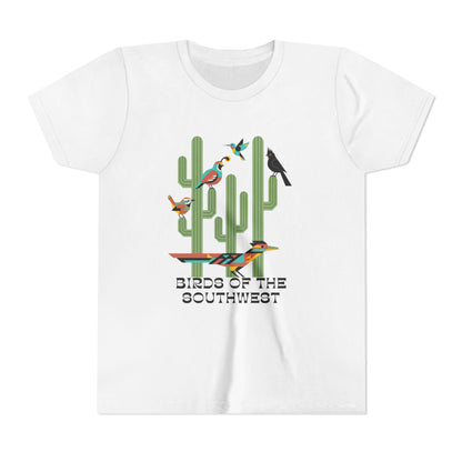 White t-shirt with 'Birds of the Southwest' design featuring cacti and birds on a white background.
