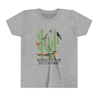 Gray t-shirt with a graphic design of cacti, birds, and text on a white background