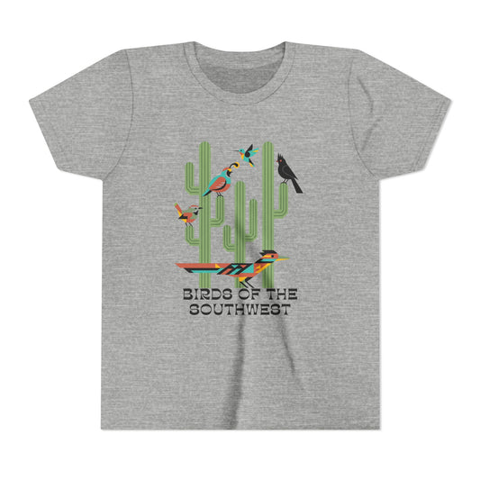 Gray t-shirt with a graphic design of cacti, birds, and text on a white background