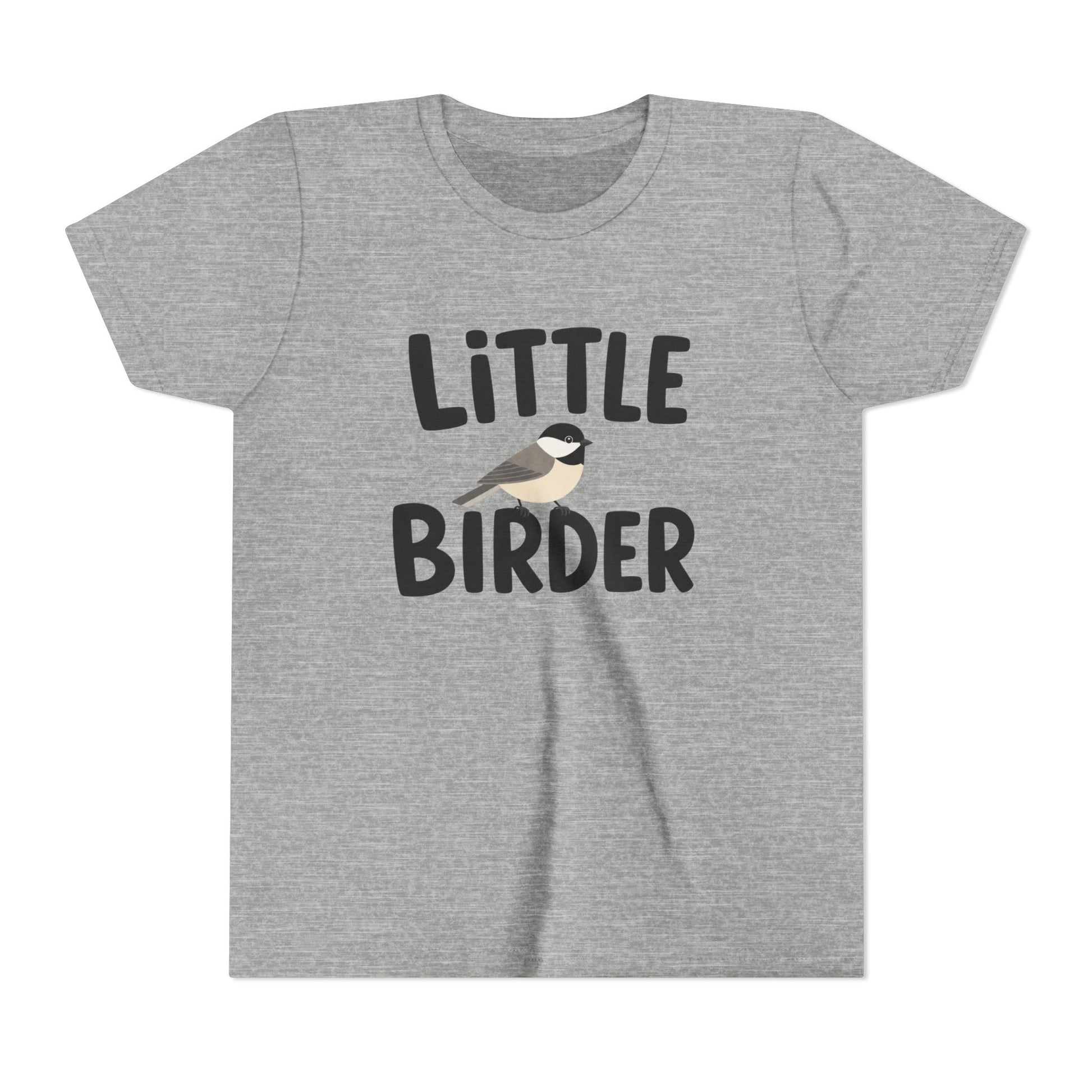 Gray t-shirt with 'Little Birder' text and a bird illustration on a white background