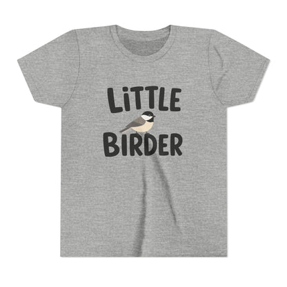 Gray t-shirt with 'Little Birder' text and a bird illustration on a white background