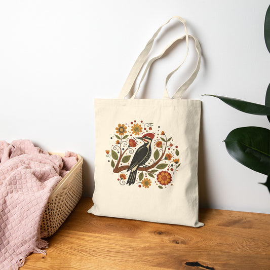 Tote bag with a pileated woodpecker and floral design on a wooden surface with a white wall background