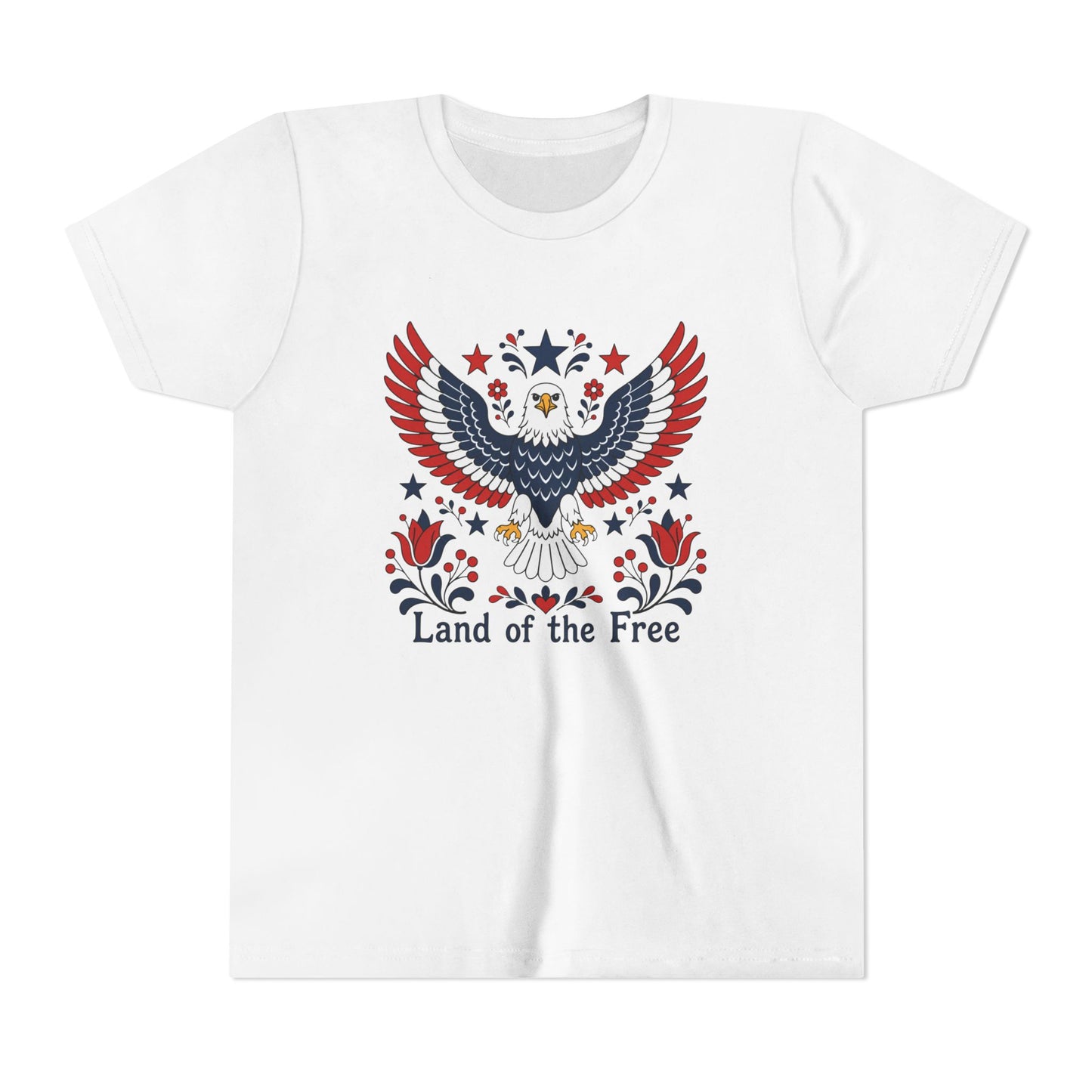 White t-shirt with an eagle graphic and 'Land of the Free' text on a white background