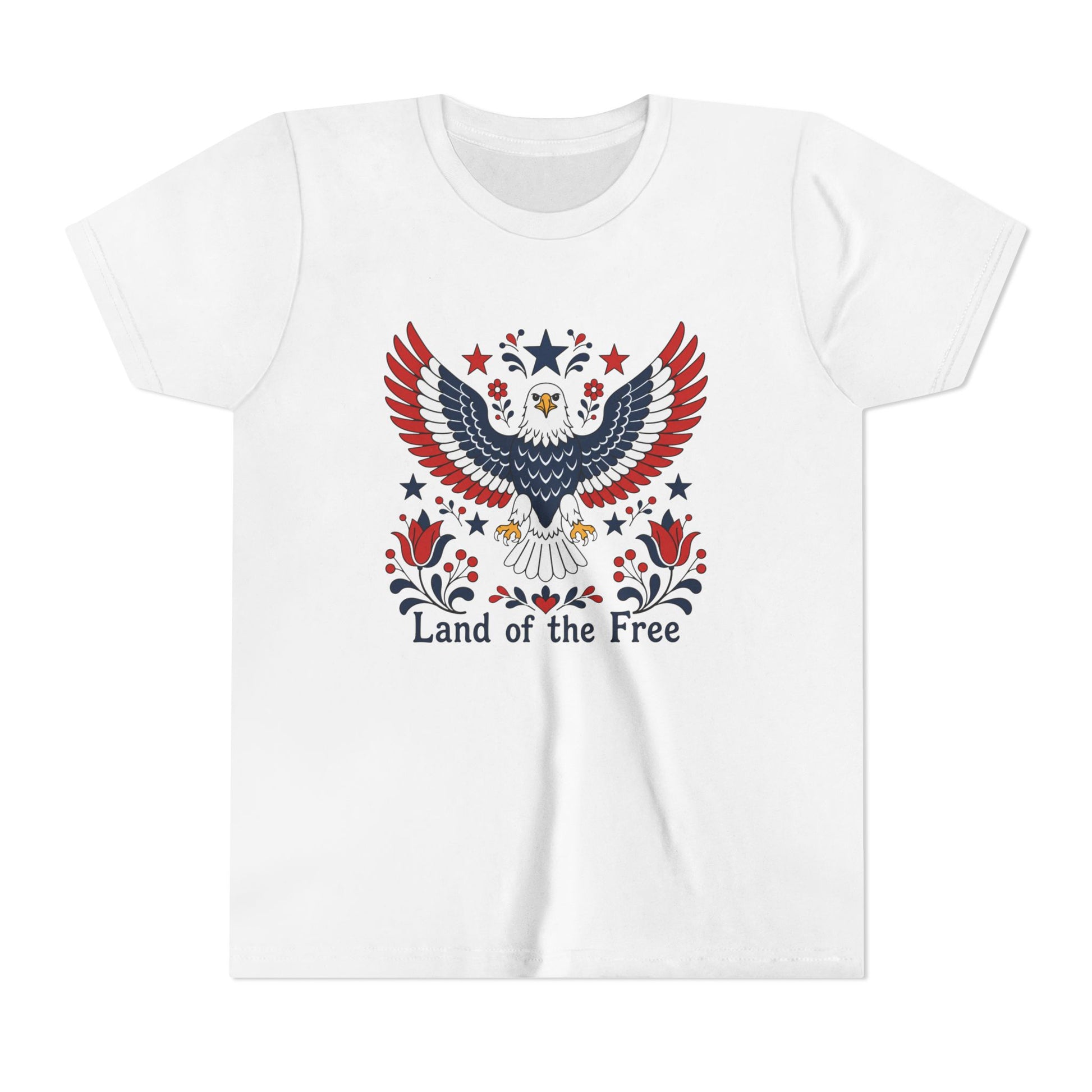 White t-shirt with an eagle graphic and 'Land of the Free' text on a white background