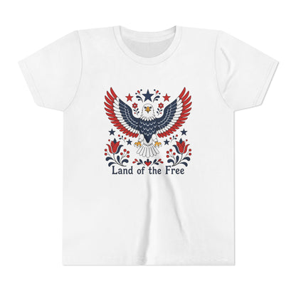 White t-shirt with an eagle graphic and 'Land of the Free' text on a white background