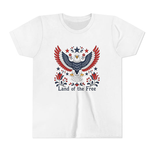 White t-shirt with an eagle graphic and 'Land of the Free' text on a white background