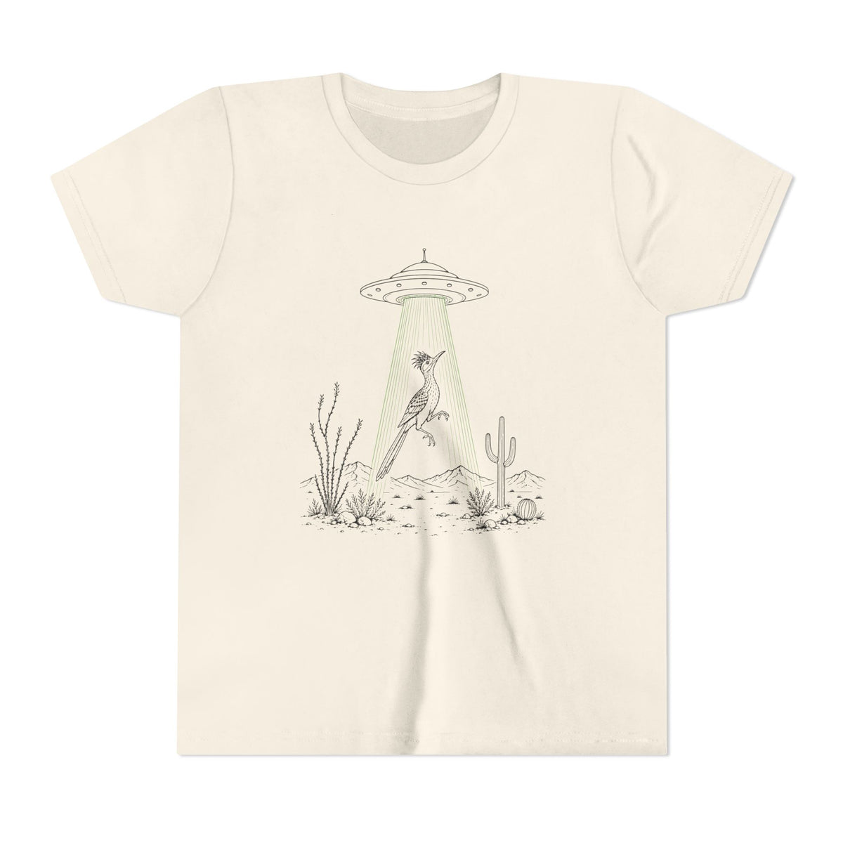 An off-white crewneck t-shirt featuring a minimalist graphic of a bird perched under a UFO with a green beam shining down on a desert landscape with cacti.