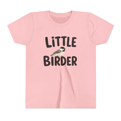 Pink t-shirt with 'Little Birder' text and a bird illustration on a white background