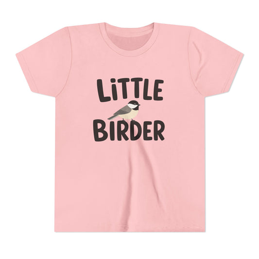 Pink t-shirt with 'Little Birder' text and a bird illustration on a white background