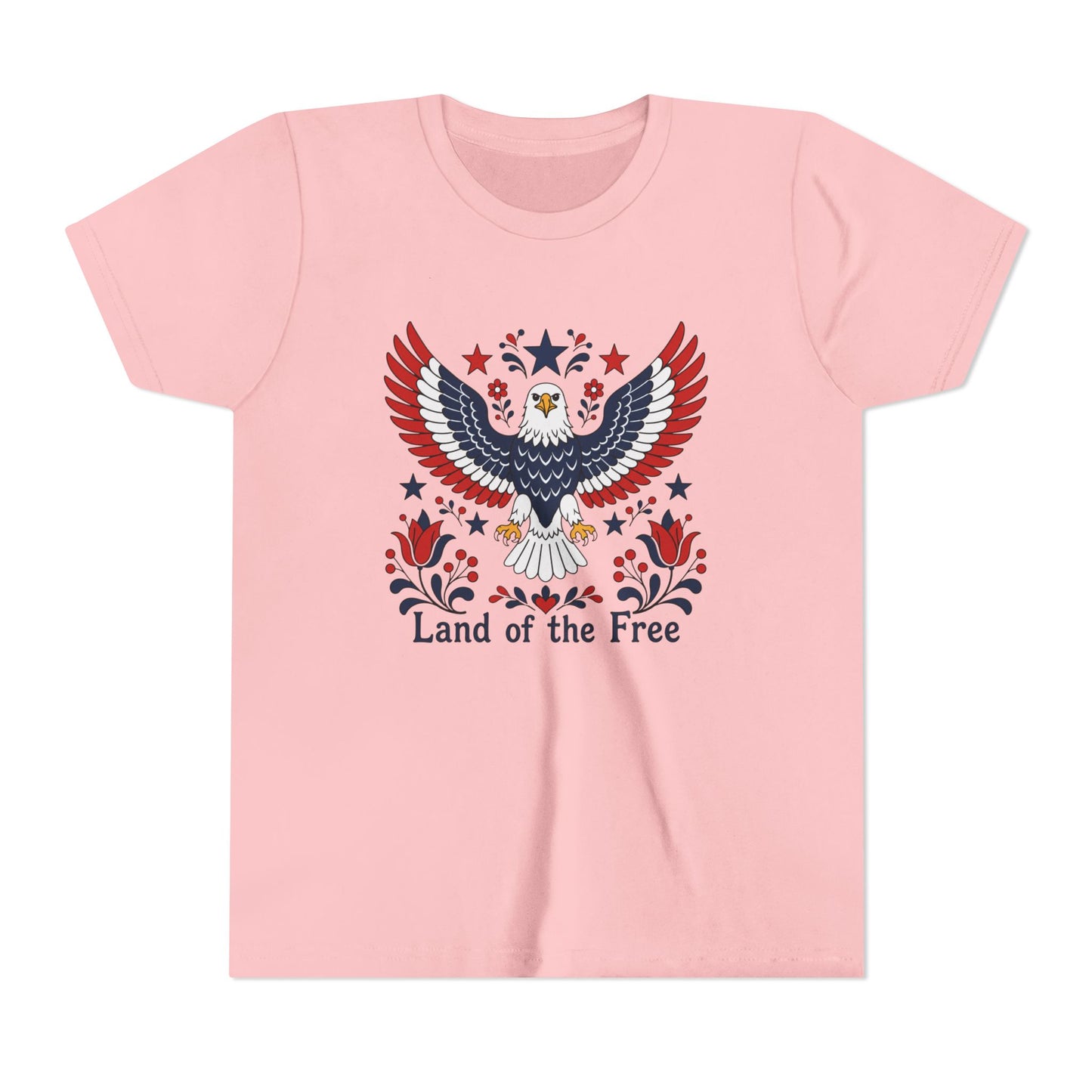 Pink t-shirt with an eagle graphic and 'Land of the Free' text on a white background
