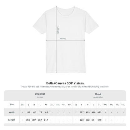 White t-shirt with measurement markings and size chart on a white background