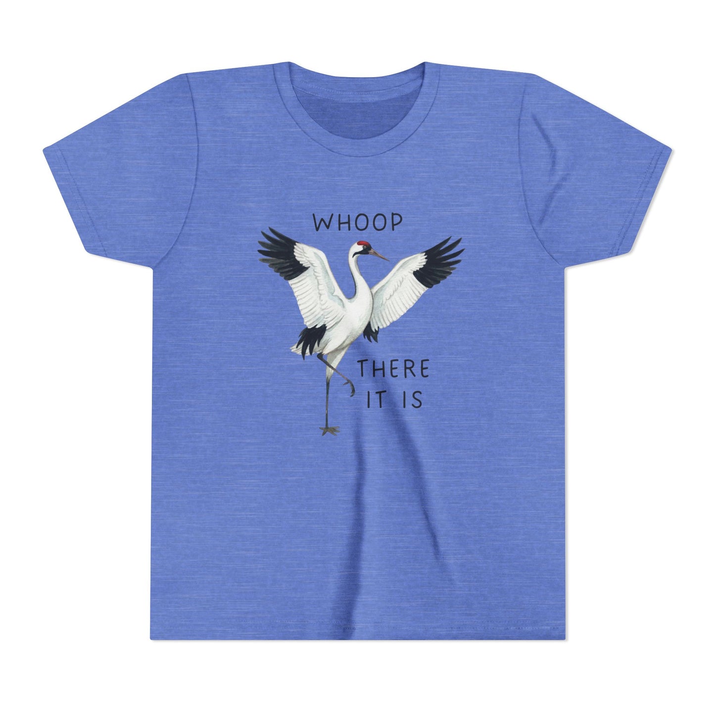 Blue t-shirt with a crane graphic and text on a white background