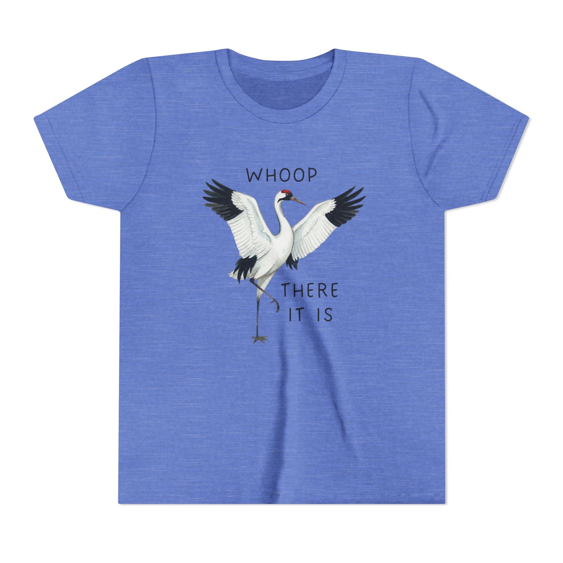 Blue t-shirt with a crane graphic and text on a white background