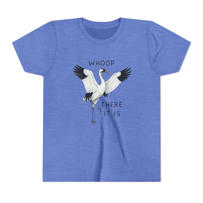 Blue t-shirt with a crane graphic and text on a white background