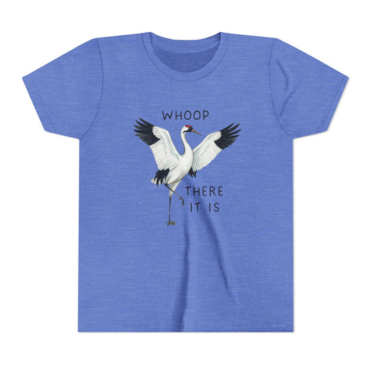 Blue t-shirt with a crane graphic and text on a white background