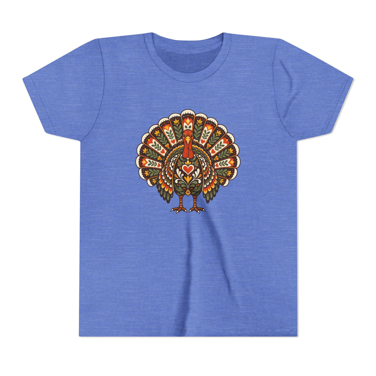 A heather blue short-sleeve t-shirt with a colorful, ornate turkey graphic printed on the chest, displayed against a solid white background.